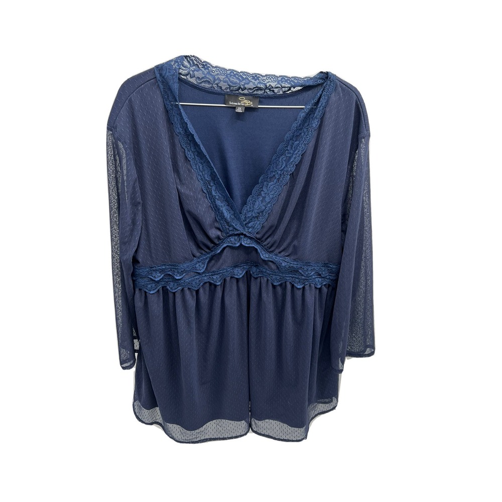 Blouse Weekend Suzanne Betro Womens Top Tunic 3X Blue V Neck Lace - Picture 5 of 6
